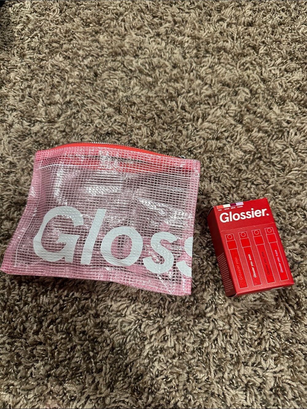 Glossier Pink Mesh Travel Pouch with Red perfume Mini Pack